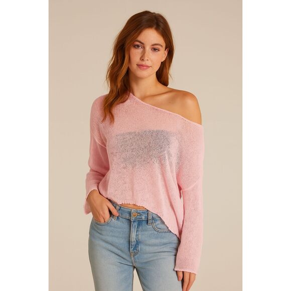 Pink Sheer Super Stretchy Slouch Roll Neck Sweater Size Medium - Picture 1 of 8